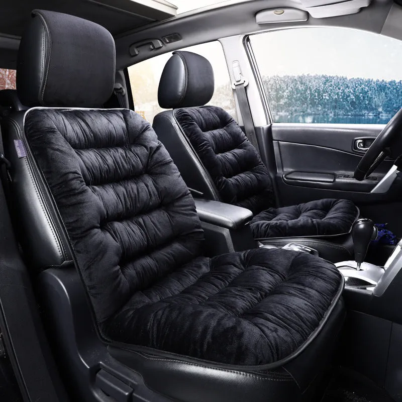 Universal winter warm plush car seat cushion set in beige, showing front seat cover with elastic fixings on a car interior