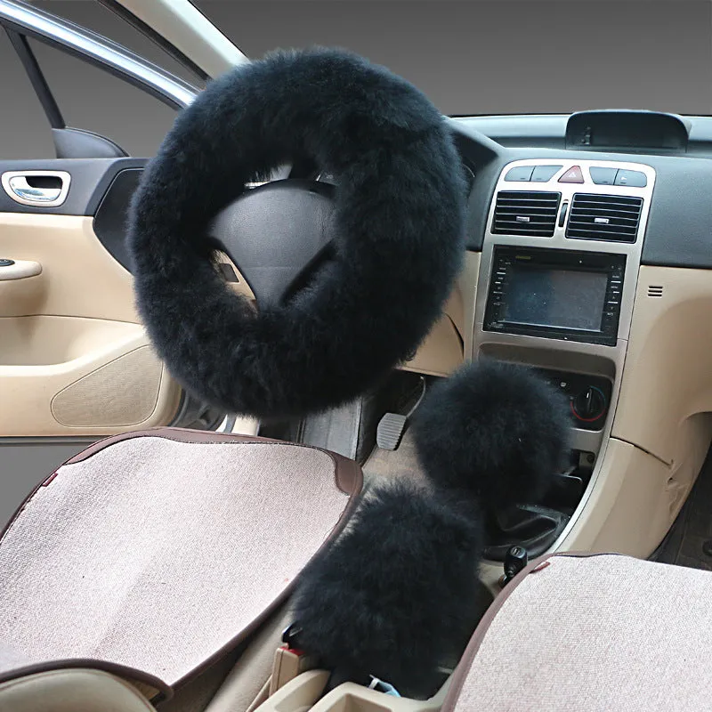 Wool steering wheel cover three-piece set with matching handle covers in various colour options