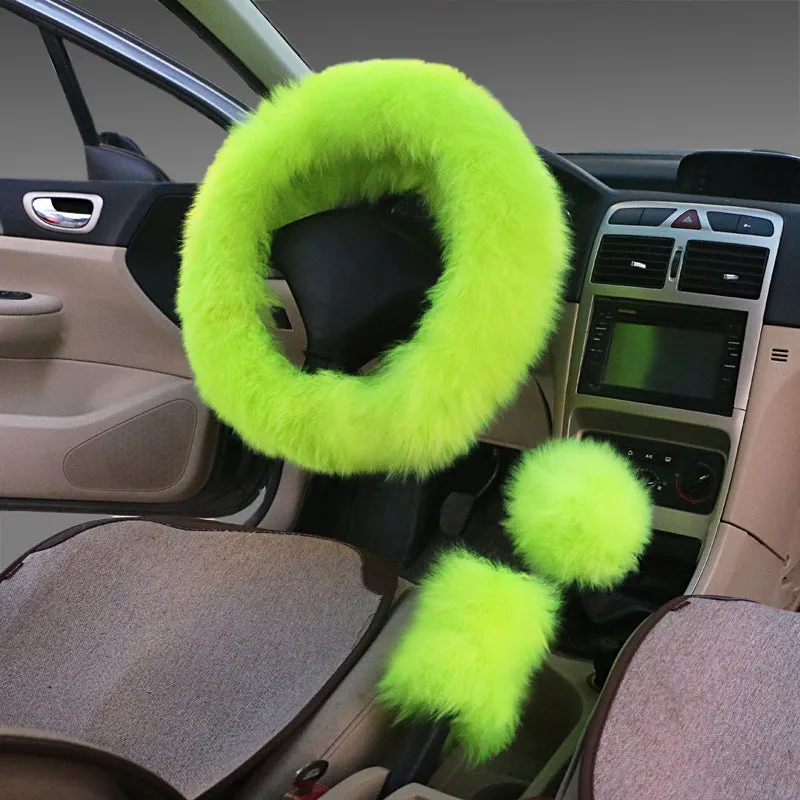 Wool steering wheel cover three-piece set with matching handle covers in various colour options