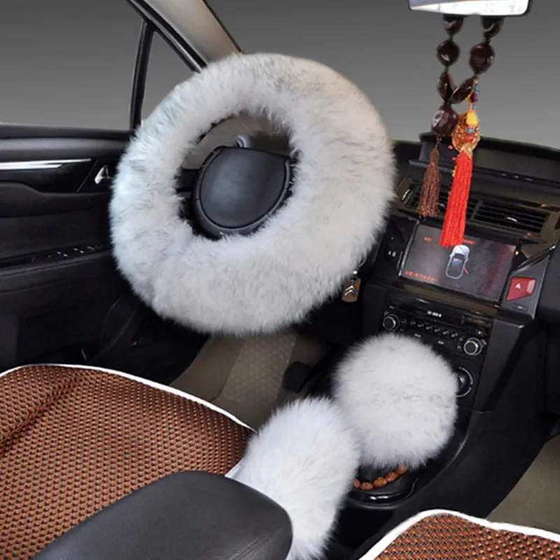 Wool steering wheel cover three-piece set with matching handle covers in various colour options