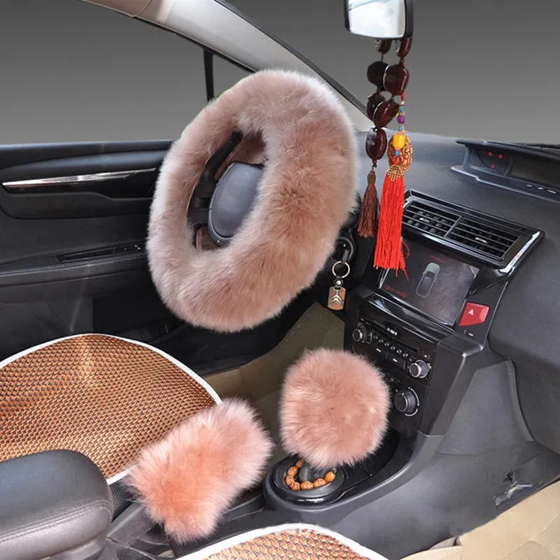 Wool steering wheel cover three-piece set with matching handle covers in various colour options