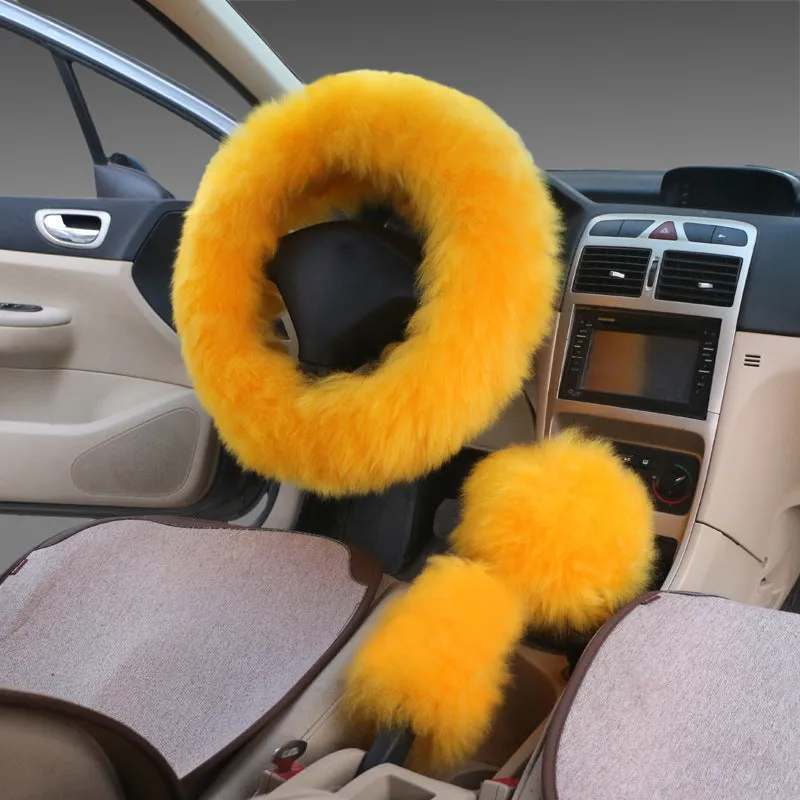 Wool steering wheel cover three-piece set with matching handle covers in various colour options