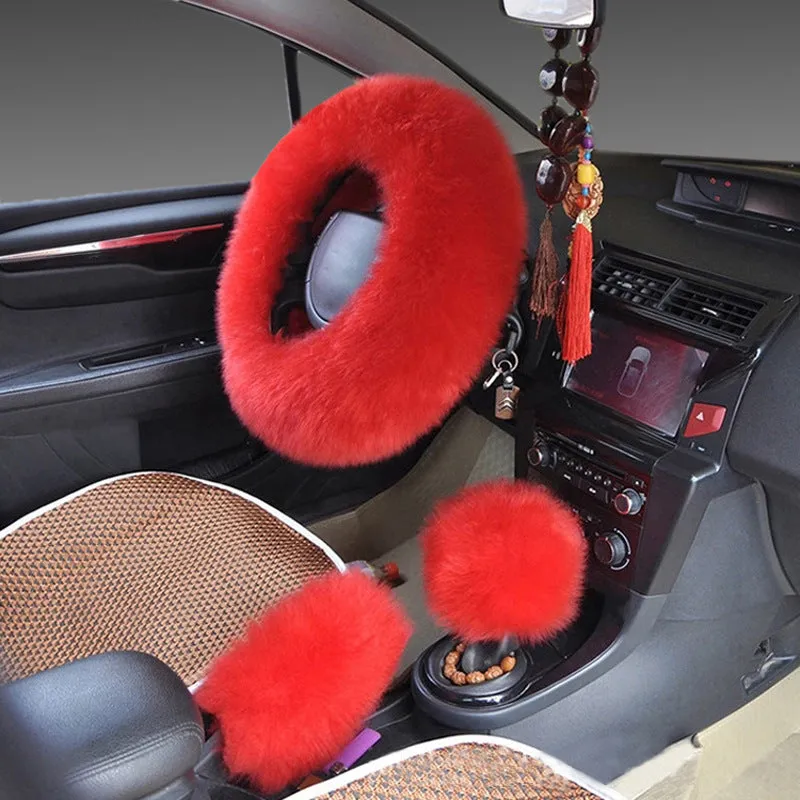 Wool steering wheel cover three-piece set with matching handle covers in various colour options