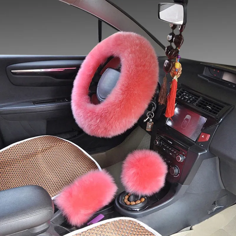 Wool steering wheel cover three-piece set with matching handle covers in various colour options