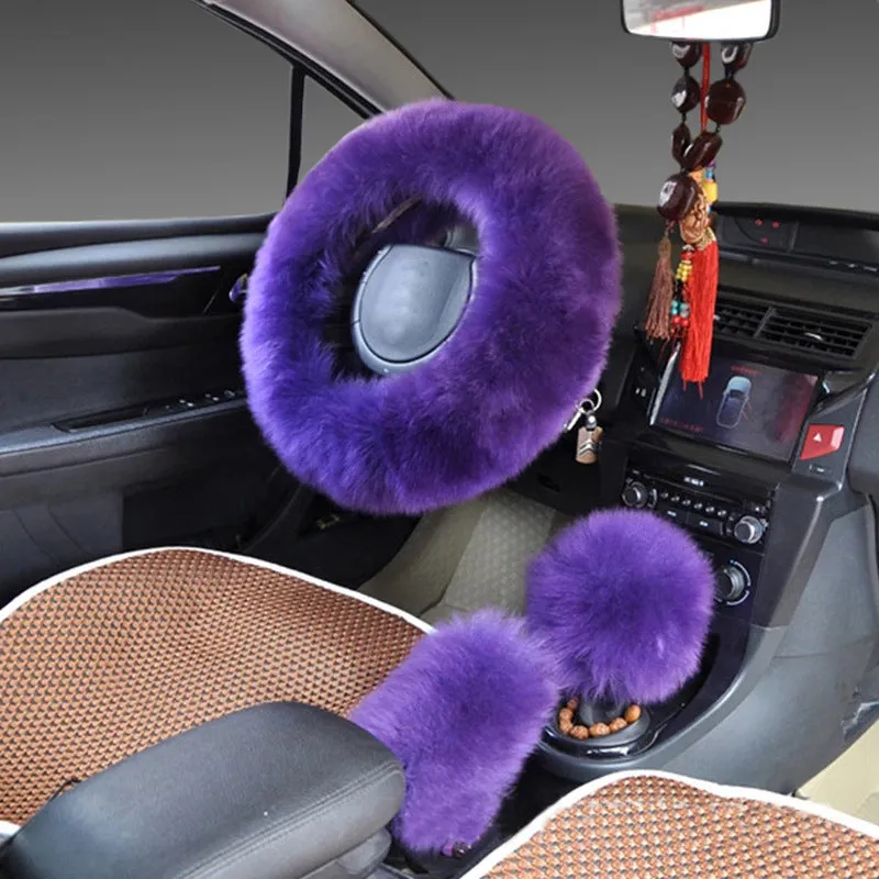Wool steering wheel cover three-piece set with matching handle covers in various colour options