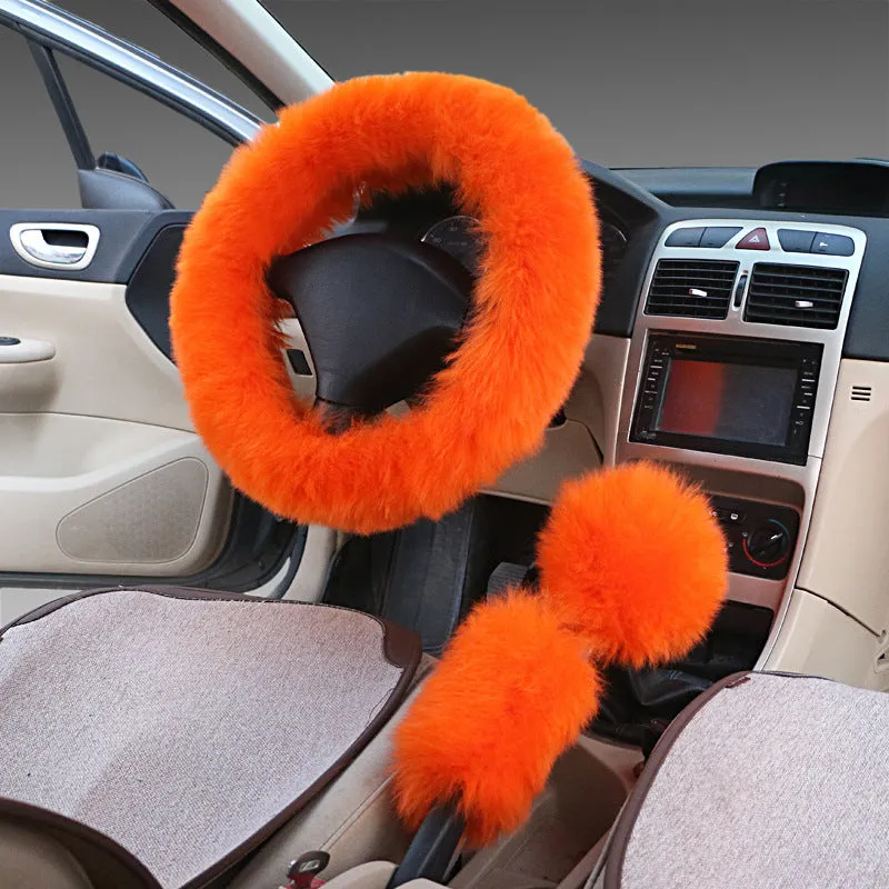 Wool steering wheel cover three-piece set with matching handle covers in various colour options