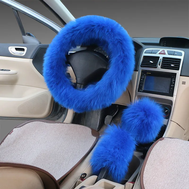 Wool steering wheel cover three-piece set with matching handle covers in various colour options