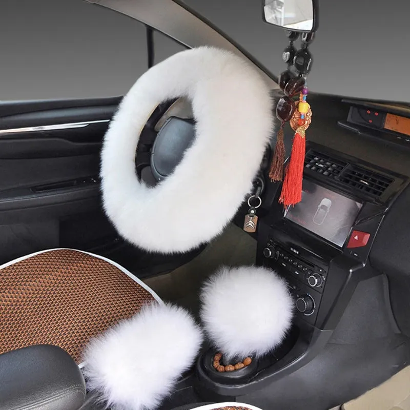 Wool steering wheel cover three-piece set with matching handle covers in various colour options