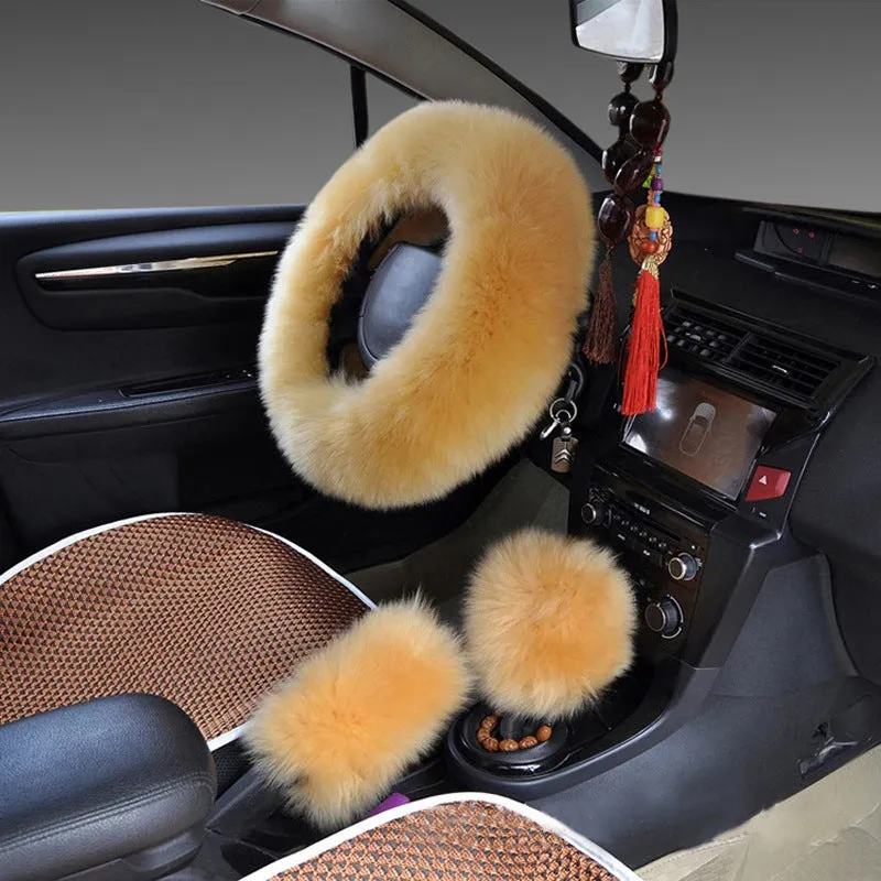 Wool steering wheel cover three-piece set with matching handle covers in various colour options