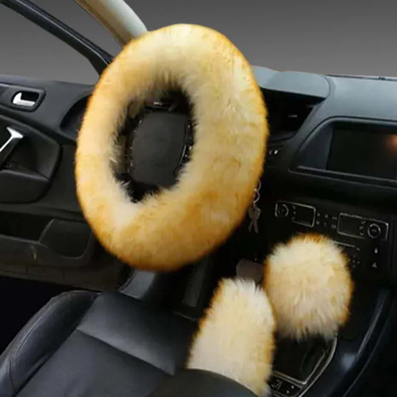 Wool steering wheel cover three-piece set with matching handle covers in various colour options