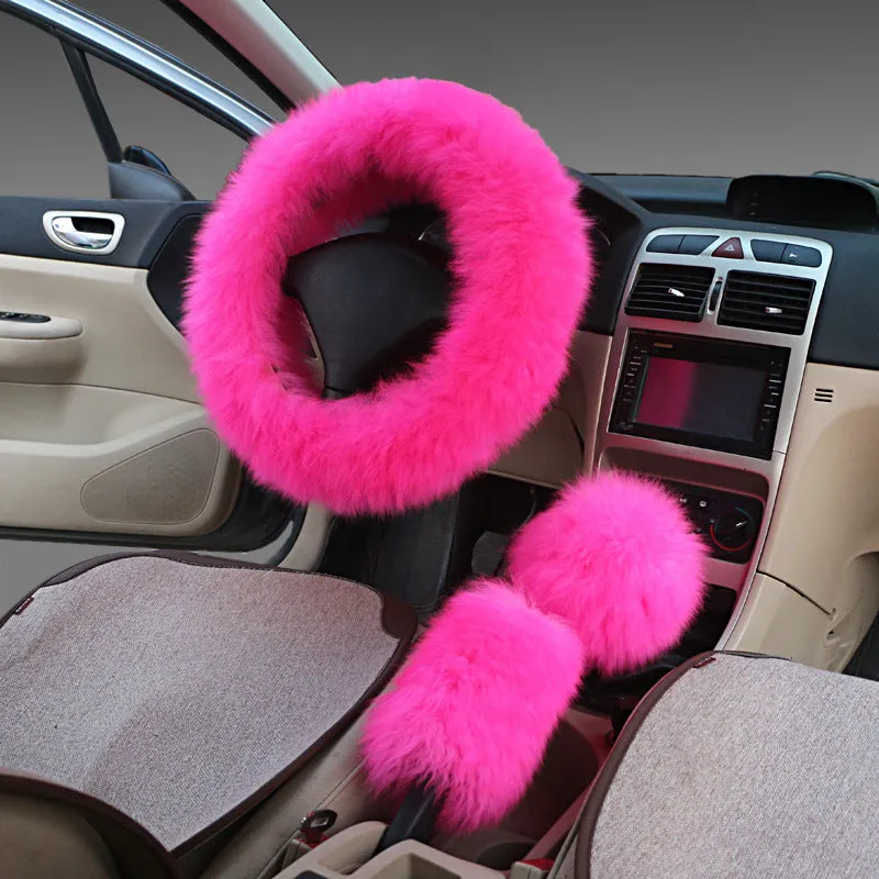 Wool steering wheel cover three-piece set with matching handle covers in various colour options