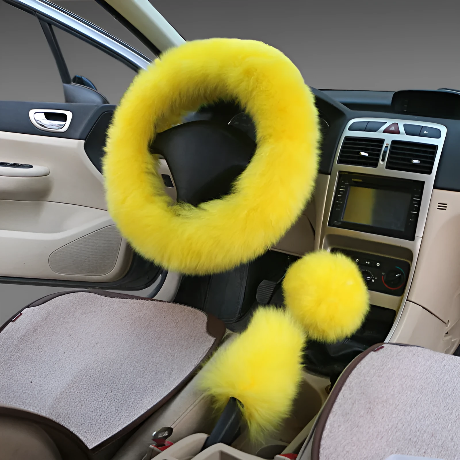 Wool steering wheel cover three-piece set with matching handle covers in various colour options