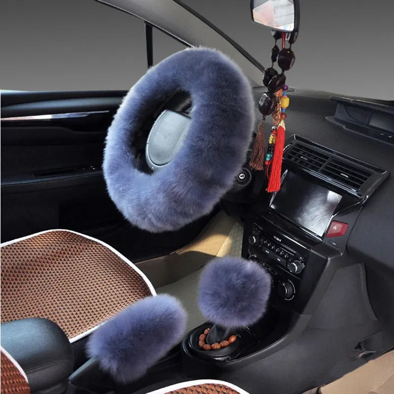 Wool steering wheel cover three-piece set with matching handle covers in various colour options