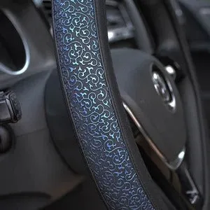 Carved ice silk steering wheel cover in blue on black colour for 38cm diameter steering wheel