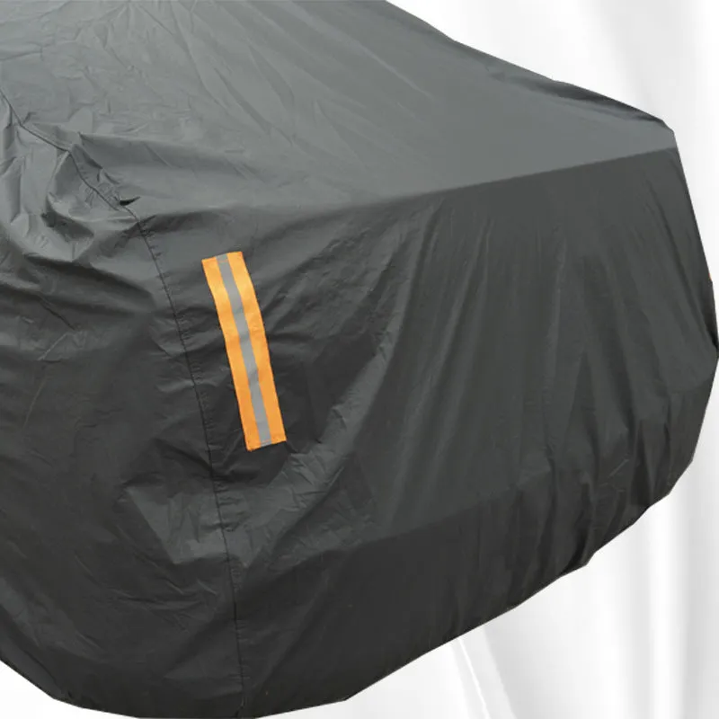 Grey PVC car cover for Volkswagen models shown fitted on a car, illustrating rainproof and sun protection design.