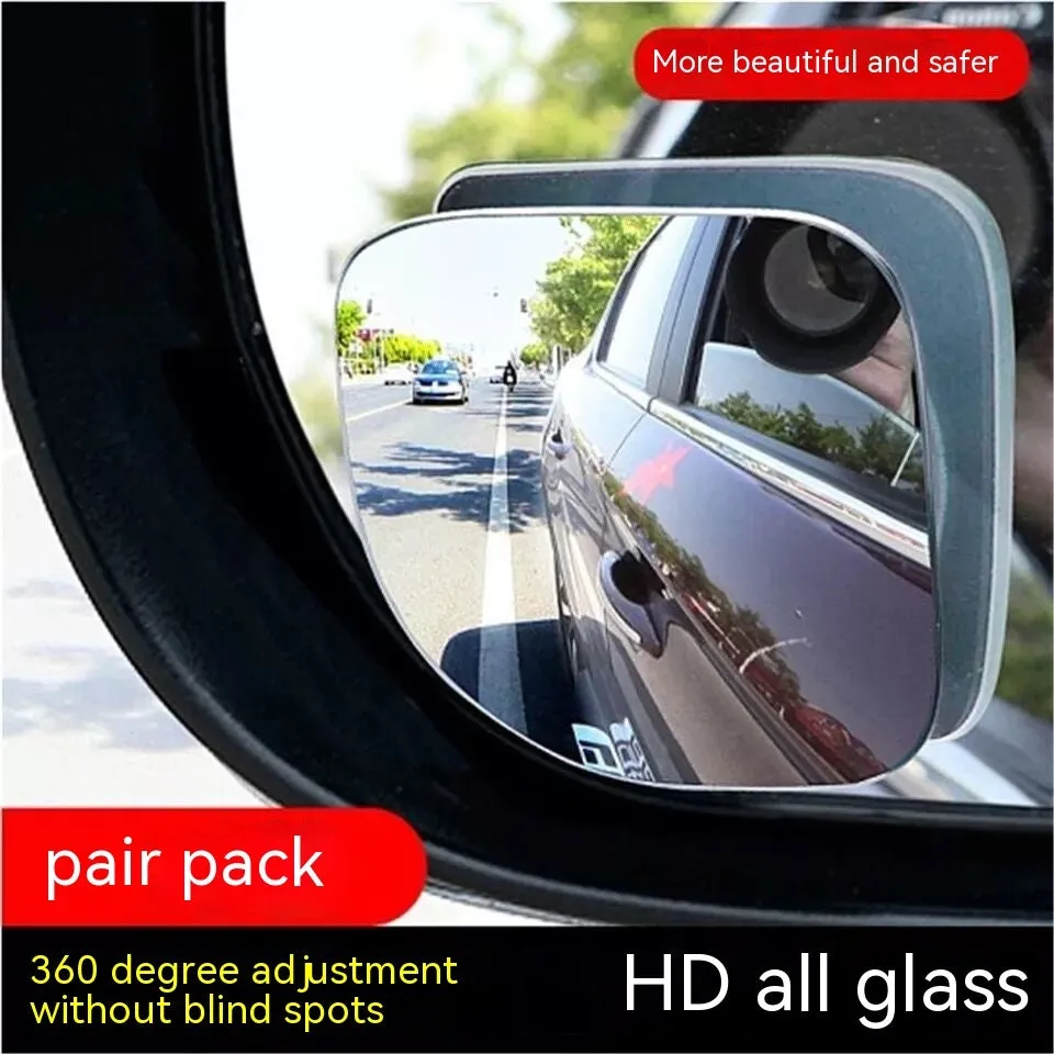 Pair of white, fan-shaped, adjustable car blind spot mirrors showing 360-degree rotation.