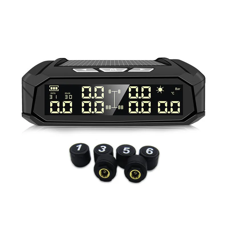 Solar-powered external tyre pressure monitor system for six tyres, showing colour digital display and sensors.