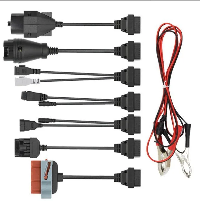 Eight TCS diagnostic car cables including PSA, Audi, BENZ, BMW, Opel, Fiat connectors and power cable on white background