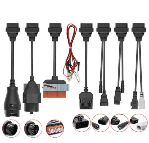 Eight TCS diagnostic car cables including PSA, Audi, BENZ, BMW, Opel, Fiat connectors and power cable on white background