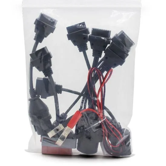 Eight TCS diagnostic car cables including PSA, Audi, BENZ, BMW, Opel, Fiat connectors and power cable on white background