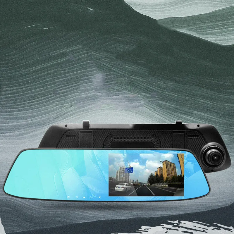 Rearview mirror recorder with 5-inch IPS screen showing HD reversing image and dual lens design