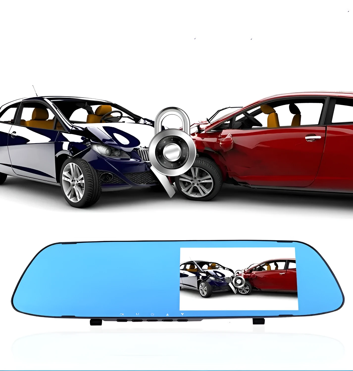 Rearview mirror recorder with 5-inch IPS screen showing HD reversing image and dual lens design