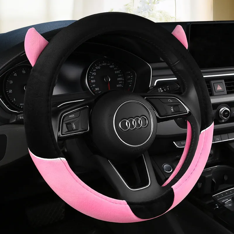 Plush car steering wheel cover with cartoon glove design in black and gray