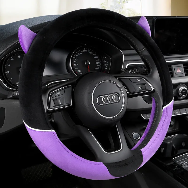 Plush car steering wheel cover with cartoon glove design in black and gray
