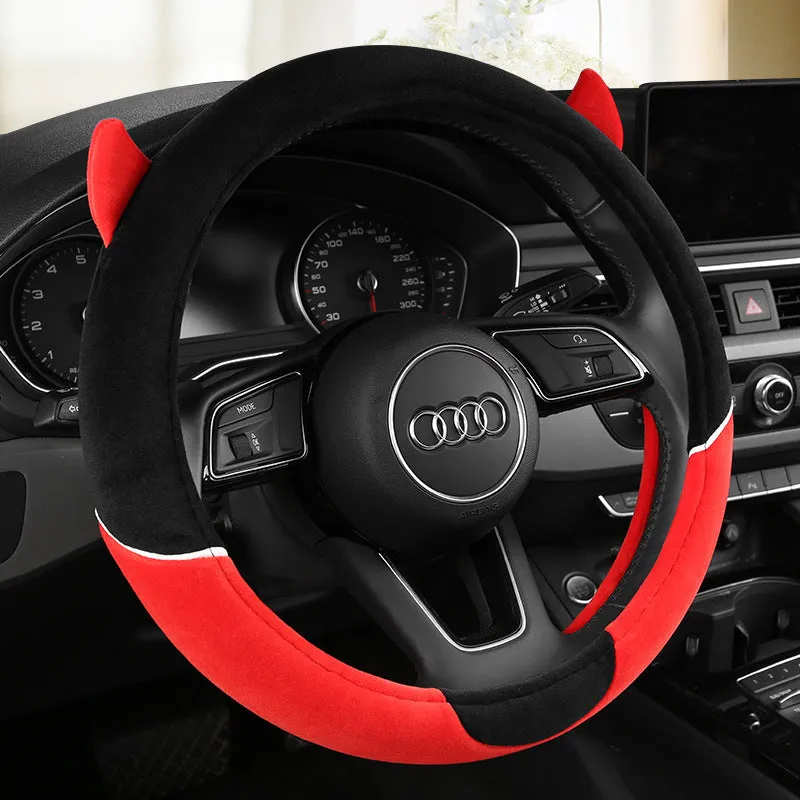 Plush car steering wheel cover with cartoon glove design in black and gray
