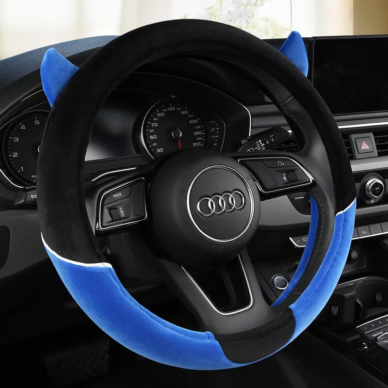 Plush car steering wheel cover with cartoon glove design in black and gray