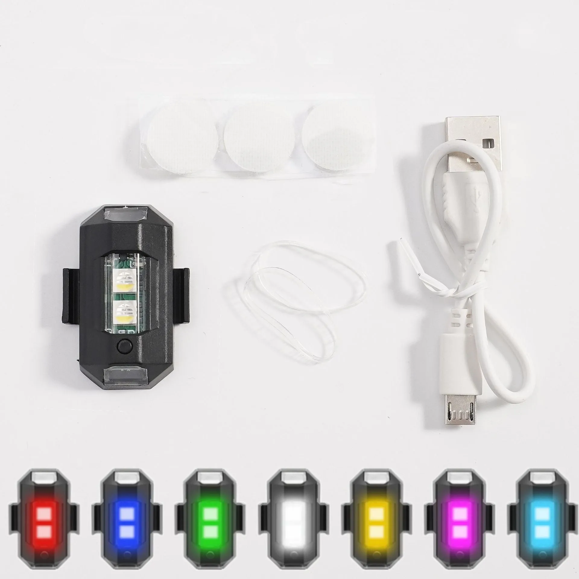 USB mini strobe warning light in ABS housing with Velcro strips for mounting on bicycle or motorcycle