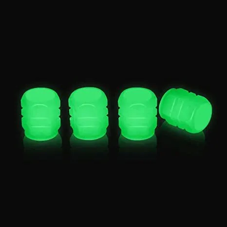 Pack of luminous rubber tyre valve caps in assorted colours including light blue and green.
