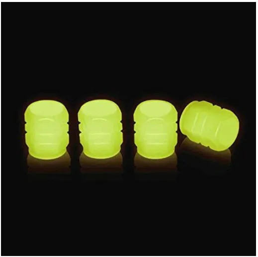 Pack of luminous rubber tyre valve caps in assorted colours including light blue and green.