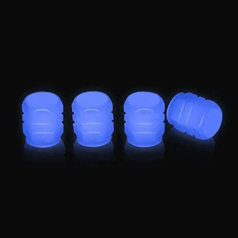 Pack of luminous rubber tyre valve caps in assorted colours including light blue and green.