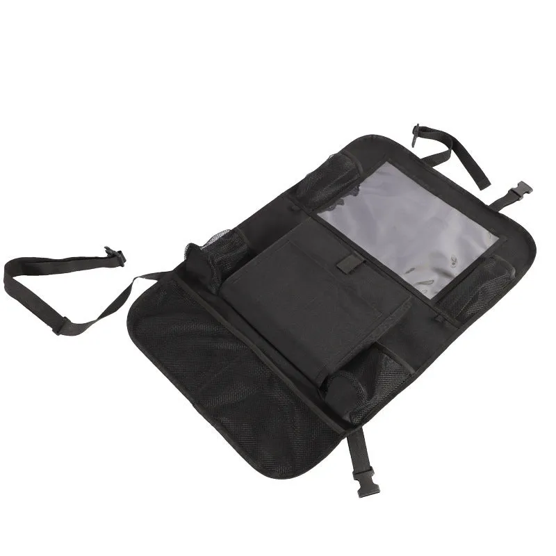 Black multi-pocket car organiser hanging on back seat headrest with phone and drink holders