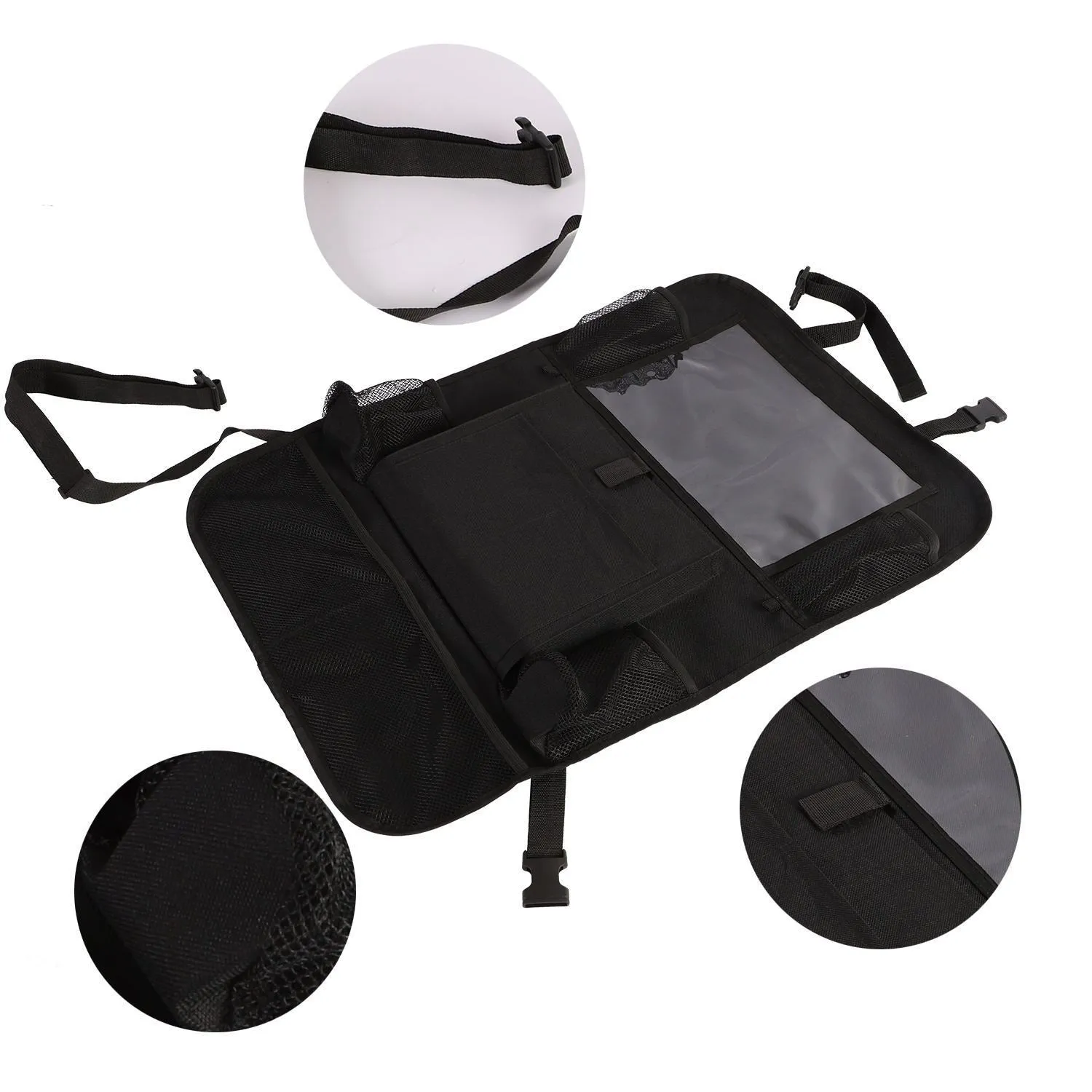 Black multi-pocket car organiser hanging on back seat headrest with phone and drink holders