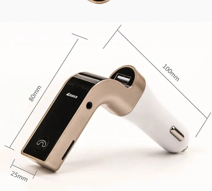 Car MP3 Bluetooth player with FM radio, 1.2 inch LED screen, silver, connected to a 12V cigarette lighter socket