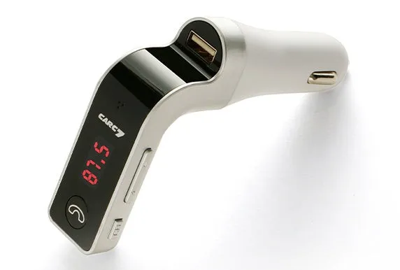 Car MP3 Bluetooth player with FM radio, 1.2 inch LED screen, silver, connected to a 12V cigarette lighter socket