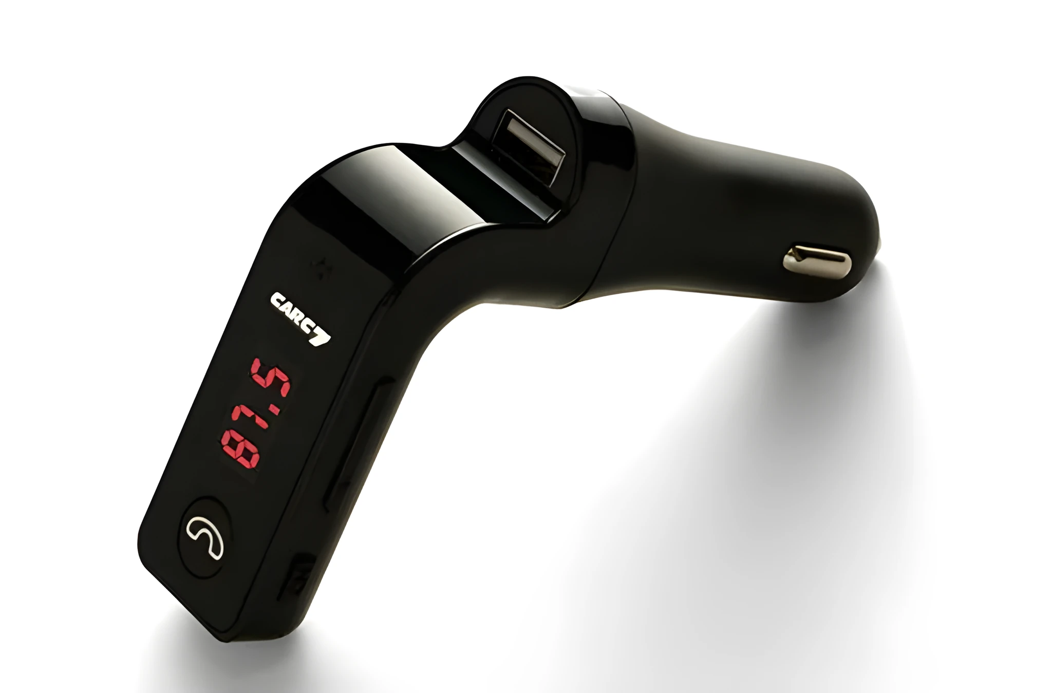 Car MP3 Bluetooth player with FM radio, 1.2 inch LED screen, silver, connected to a 12V cigarette lighter socket