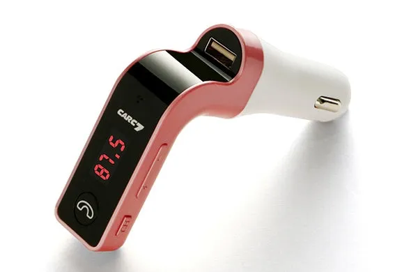 Car MP3 Bluetooth player with FM radio, 1.2 inch LED screen, silver, connected to a 12V cigarette lighter socket