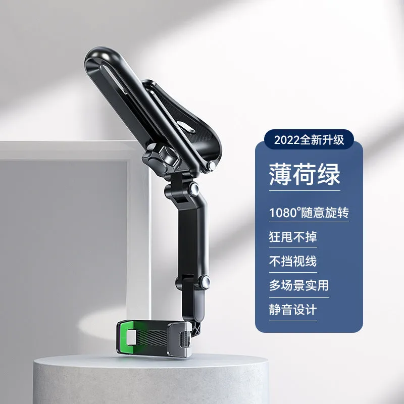 Car mobile phone holder bracket with clip for dashboard or windscreen mounting in black and green colour