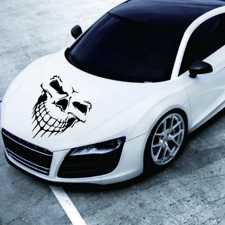 Skull head reflective car sticker on hood, 40x35cm PET decal in black