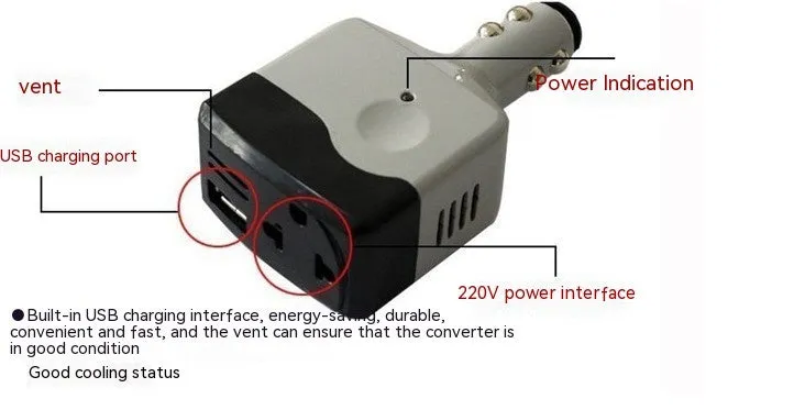Car power adapter converts cigarette lighter to 220V USB charging with wireless capability