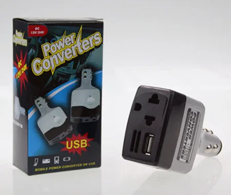 Car power adapter converts cigarette lighter to 220V USB charging with wireless capability