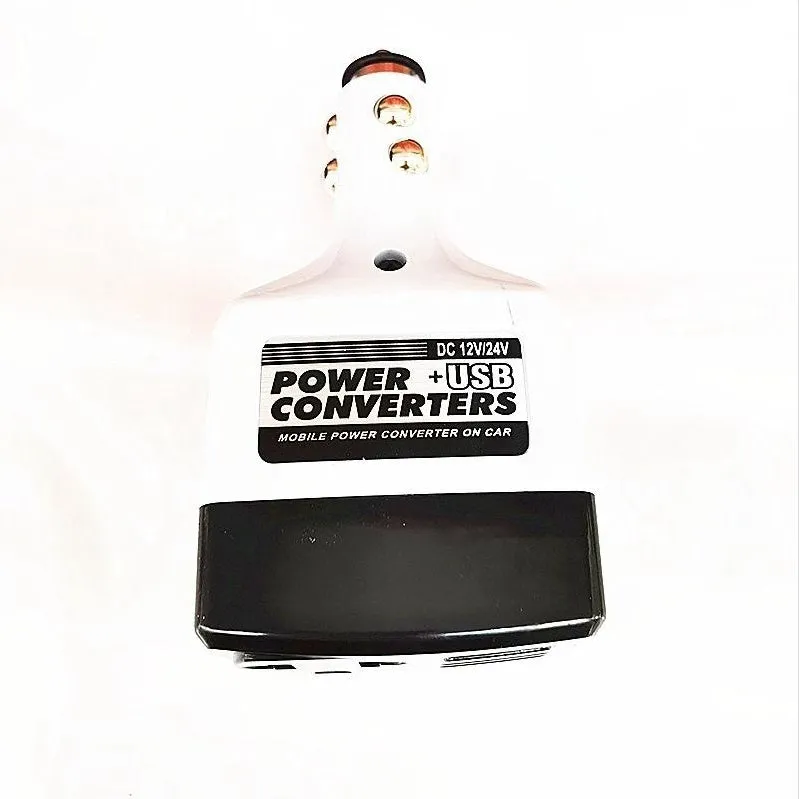 Car power adapter converts cigarette lighter to 220V USB charging with wireless capability