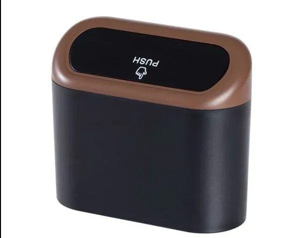 Black ABS car trash can with upturned lid and removable hook, 160x143x85mm, on car seat
