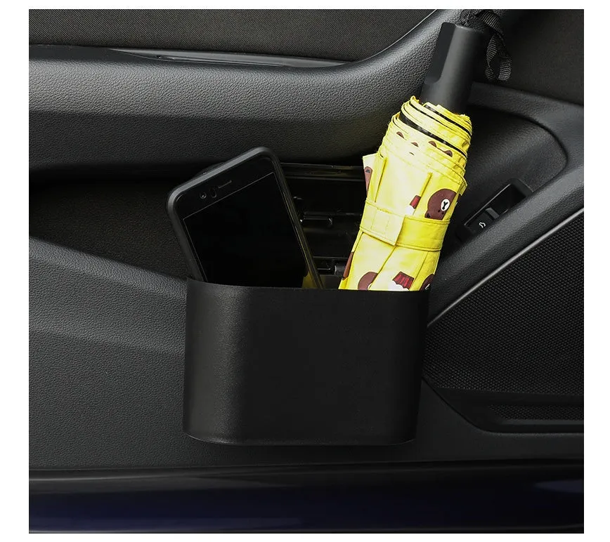 Black ABS car trash can with upturned lid and removable hook, 160x143x85mm, on car seat