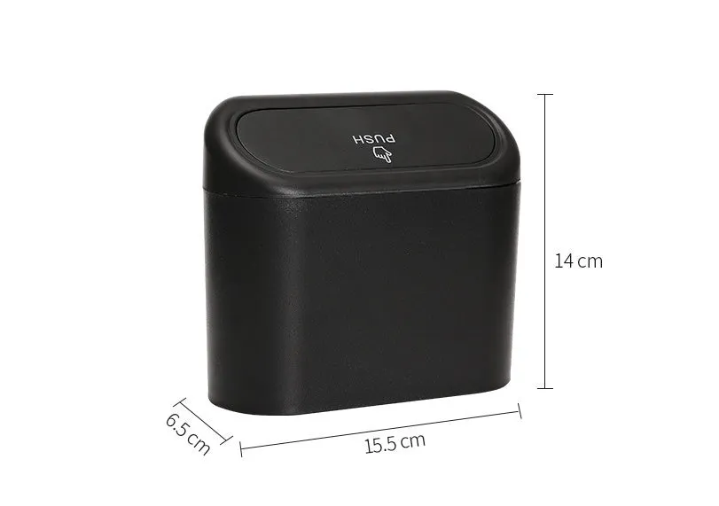 Black ABS car trash can with upturned lid and removable hook, 160x143x85mm, on car seat