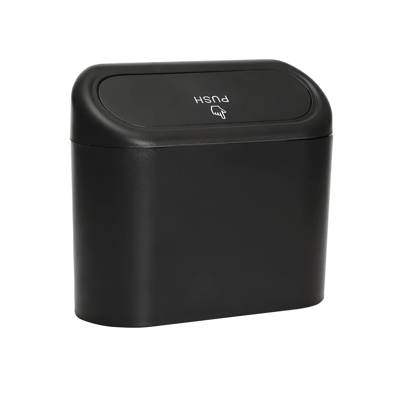 Black ABS car trash can with upturned lid and removable hook, 160x143x85mm, on car seat