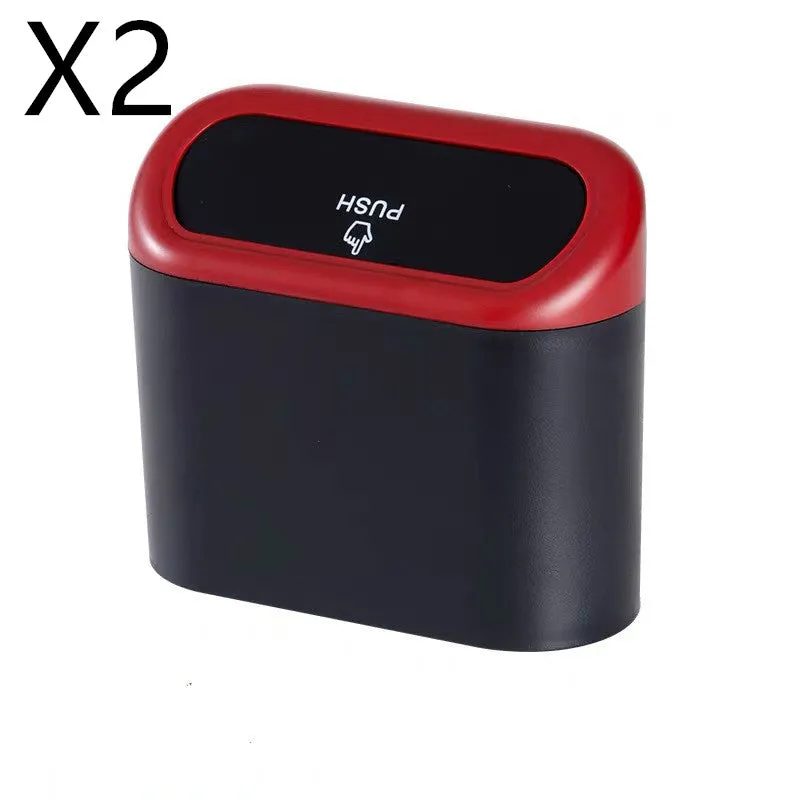 Black ABS car trash can with upturned lid and removable hook, 160x143x85mm, on car seat